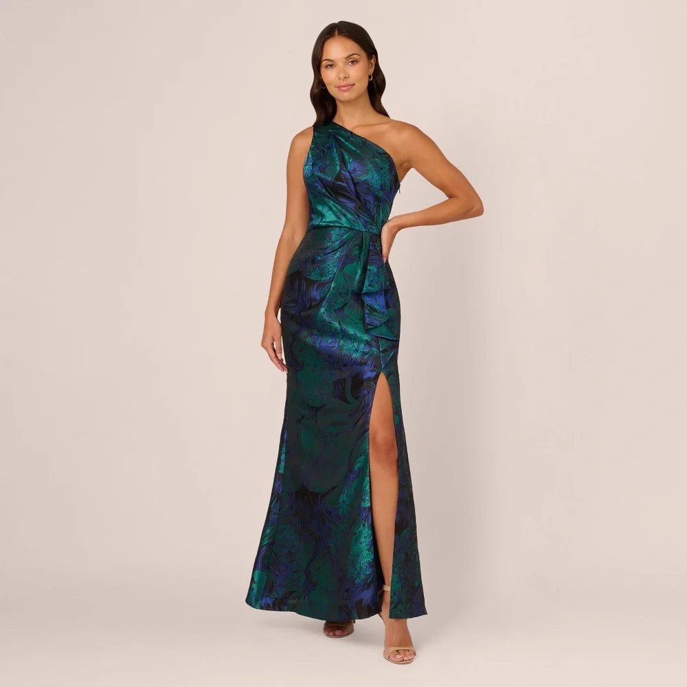 Adrianna Papell One Shoulder Jacquard Mermaid Gown With Drape Detail In Cobalt T - Picture 1 of 3